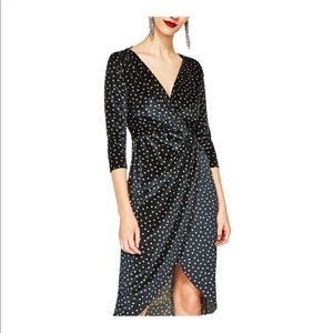 ZARA Front Twist  Green Polka Dot Velvet Dress